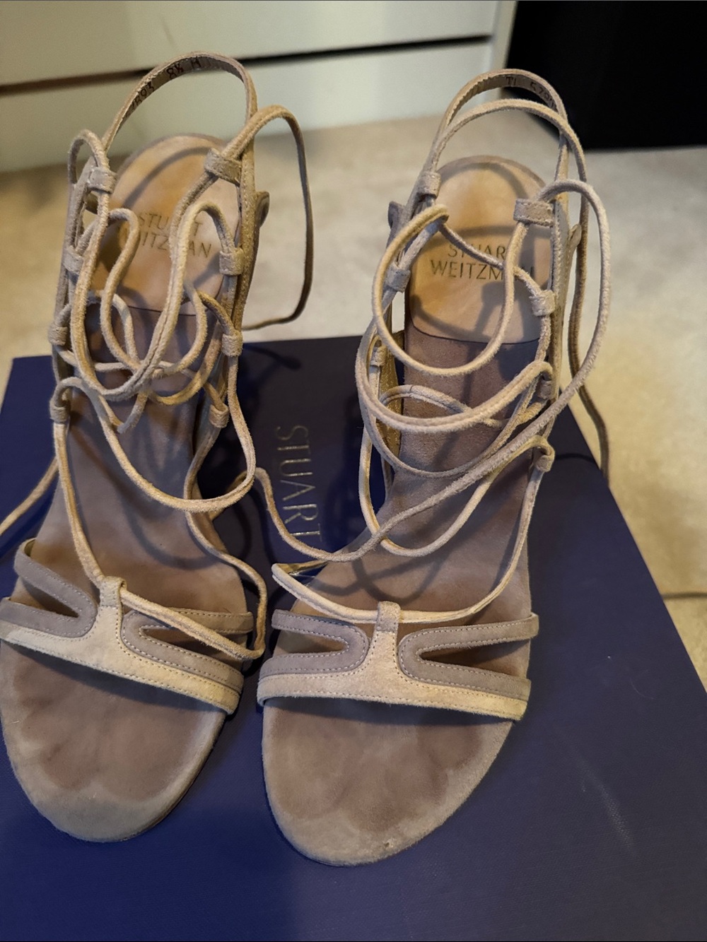 Stuart Weitzman Taupe Suede Lace-Up Heeled Sandals